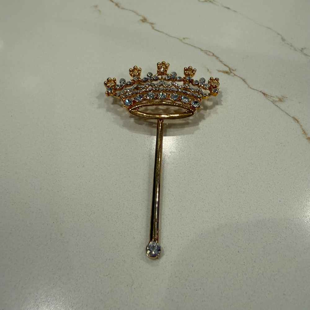 Regal Glam Crown Scepter Rhinestone Gold Tone Brooch Pin Royal Jewelry
